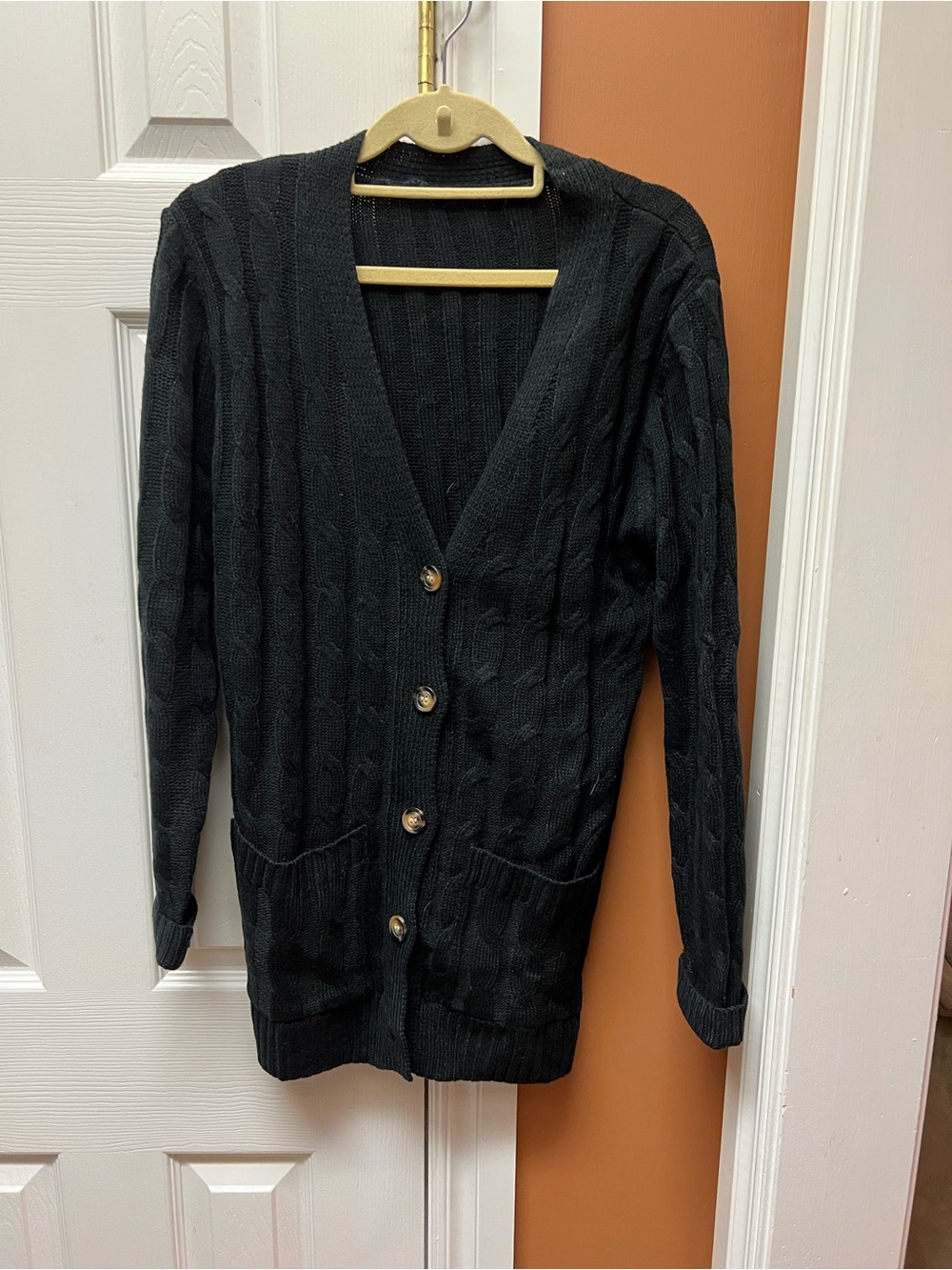 Black Women's Cable Knit Button-Front Cardigan Sweater
